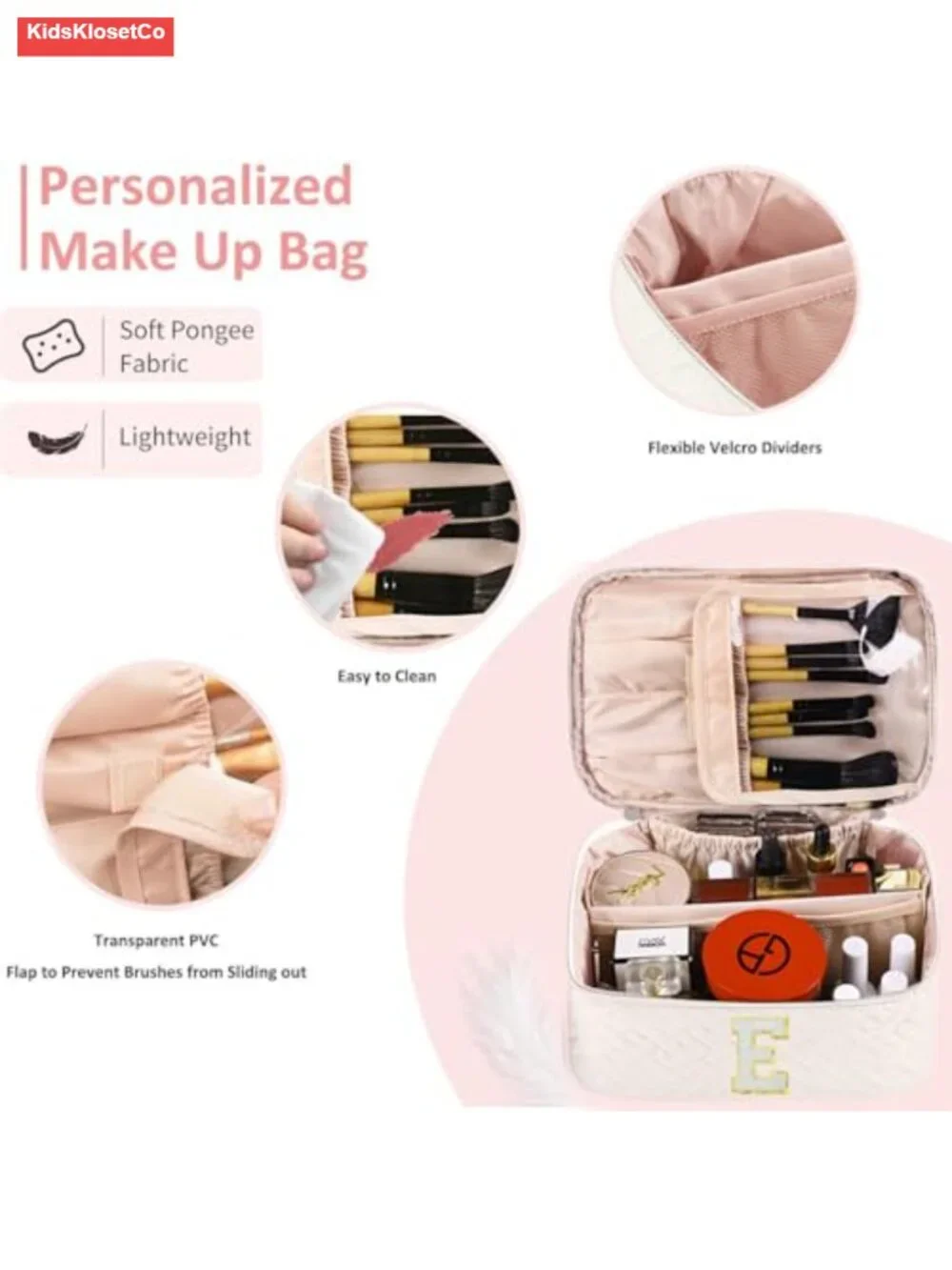 Quilted Personalized Initial Cosmetic Bag with Chenille Letter, Zipper, Handle